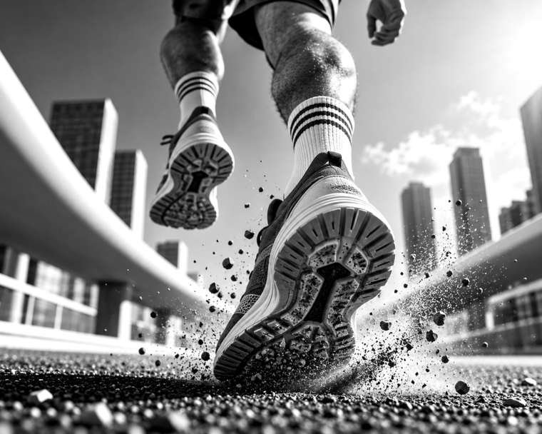 Runner's shoes kicking up grit on a city track