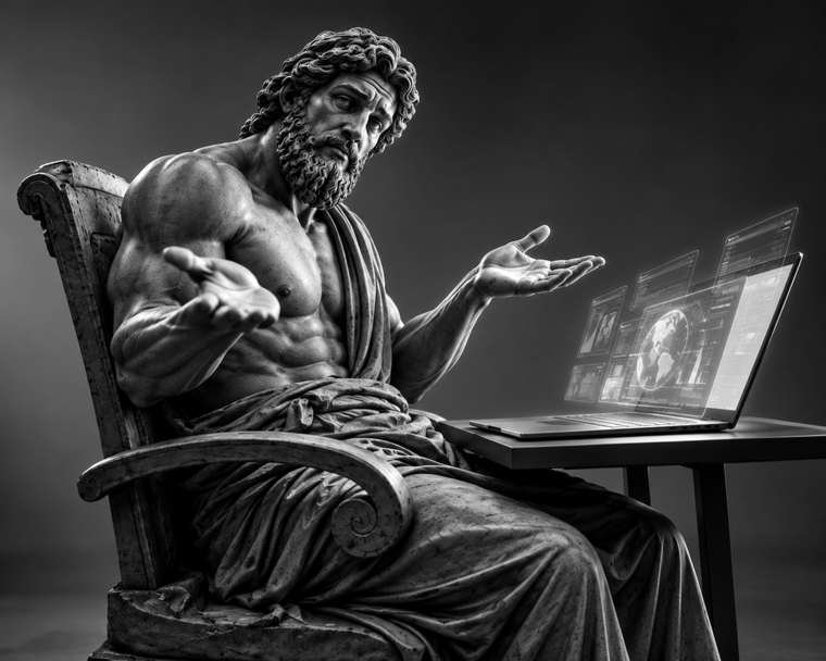 Classical marble statue gesturing at a laptop screen