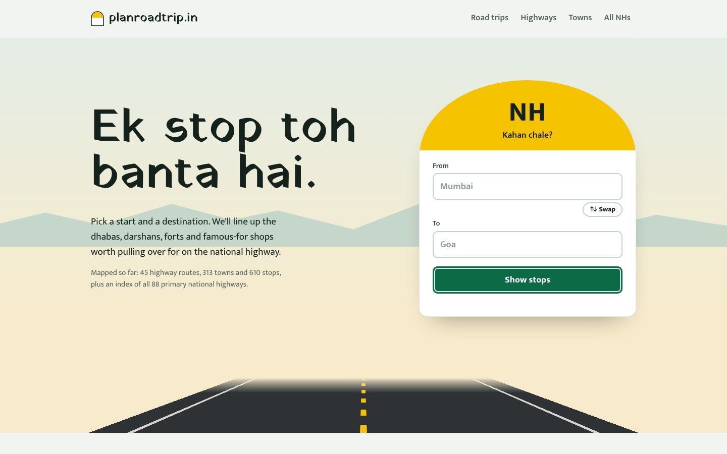 planroadtrip.in home page: the milestone-shaped trip planner beside a highway at dawn